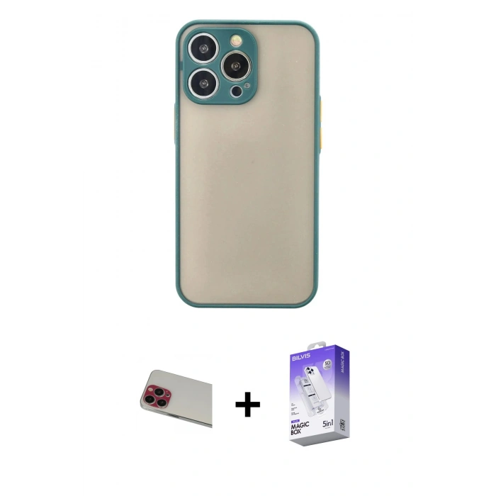 MARSİLYAN™- iPhone 13 Pro Max Kılıf Ahenk Çizgi Serisi - Siyah Bilvis 5in1 3D Magic Cam Ekran Koruyucu + Rainbow Kamera Lens Koruma Cam - KI