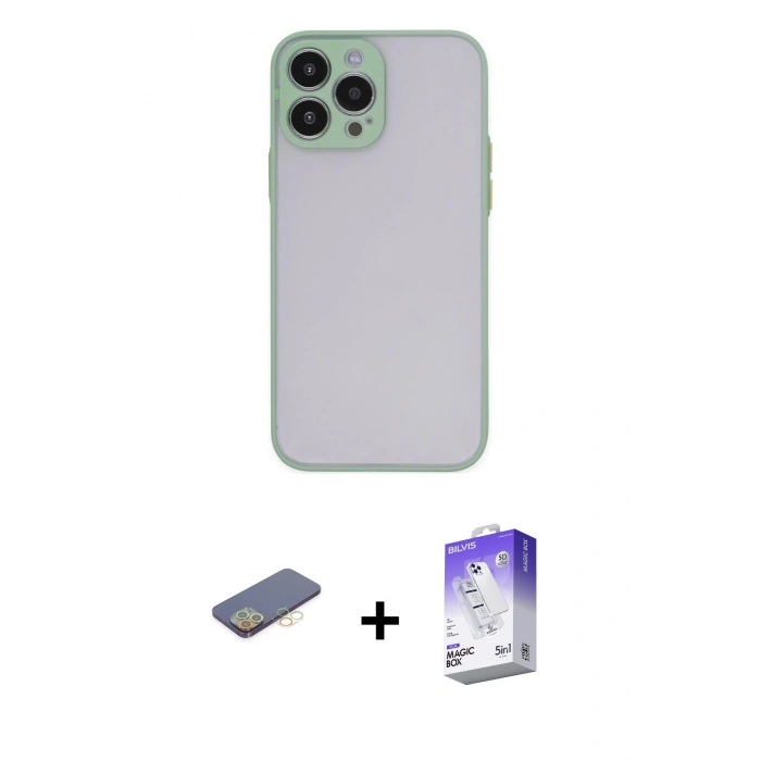 MARSİLYAN™- iPhone 13 Pro Max Kılıf Ahenk Çizgi Serisi - Siyah Bilvis 5in1 3D Magic Cam Ekran Koruyucu + Renkli Kamera Lens Koruma Cam - SI