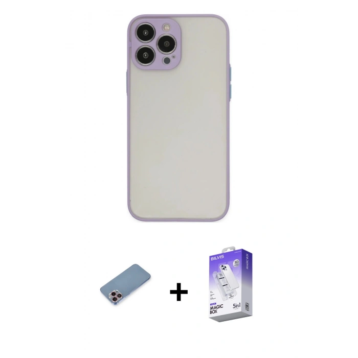 MARSİLYAN™- iPhone 13 Pro Max Kılıf Ahenk Çizgi Serisi - Siyah Bilvis 5in1 3D Magic Cam Ekran Koruyucu + Shine Kamera Lens Koruma Cam - PE