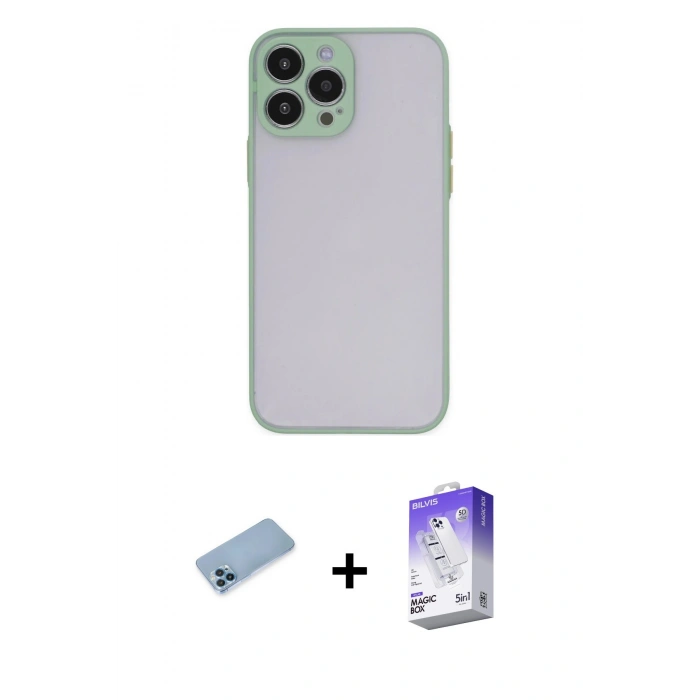 MARSİLYAN™- iPhone 13 Pro Max Kılıf Ahenk Çizgi Serisi - Siyah Bilvis 5in1 3D Magic Cam Ekran Koruyucu + Shine Kamera Lens Koruma Cam - MI