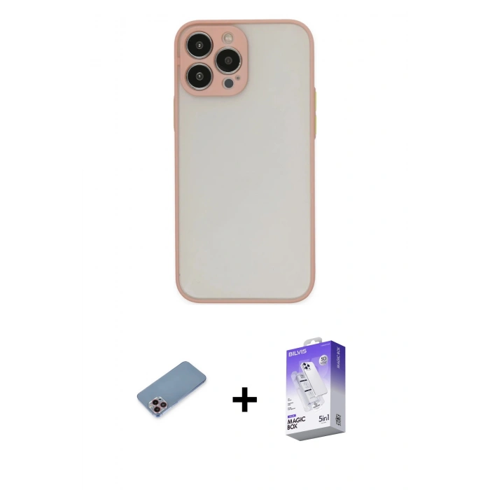 MARSİLYAN™- iPhone 13 Pro Max Kılıf Ahenk Çizgi Serisi - Siyah Bilvis 5in1 3D Magic Cam Ekran Koruyucu + Shine Kamera Lens Koruma Cam - PE