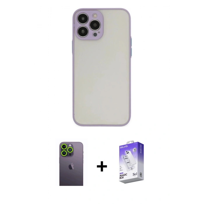 MARSİLYAN™- iPhone 13 Pro Max Kılıf Ahenk Çizgi Serisi - Siyah Bilvis 5in1 3D Magic Cam Ekran Koruyucu + Neon Fosforlu Kamera Lens - YL