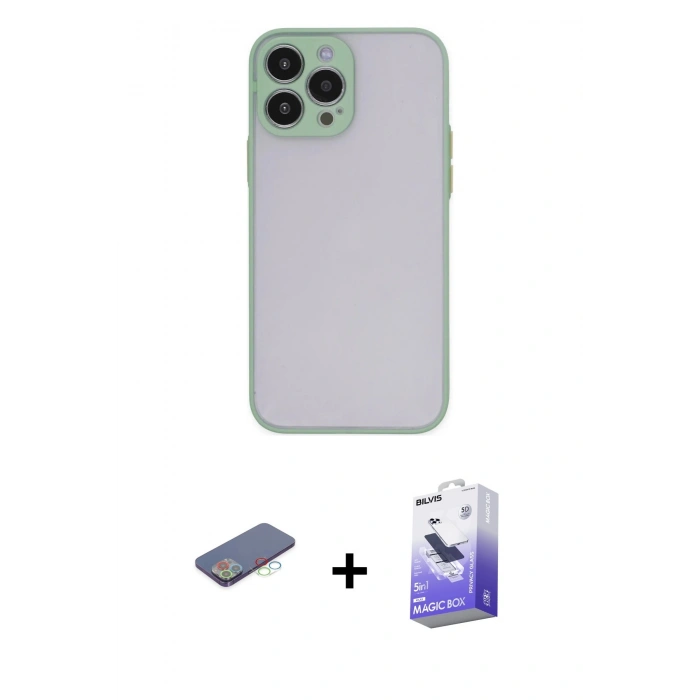 MARSİLYAN™- iPhone 13 Pro Max Kılıf Ahenk Çizgi Serisi - Siyah Bilvis 5in1 5D Magic Hayalet Cam Ekran Koruyucu + Renkli Kamera Lens Koruma Cam - MI