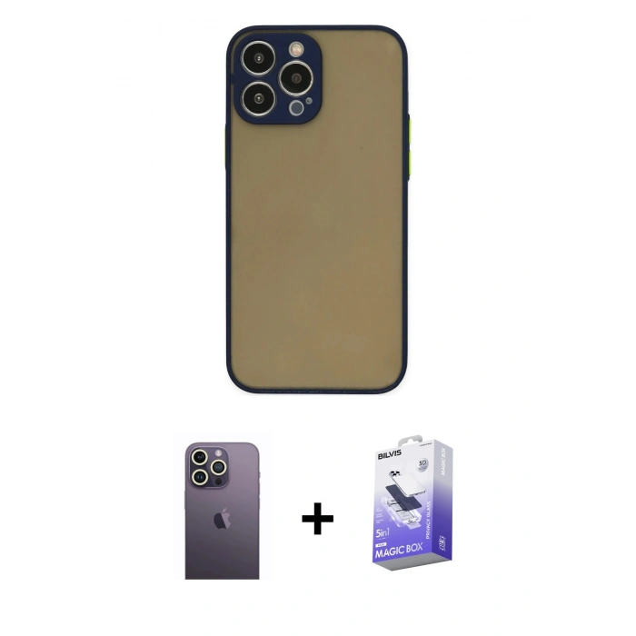 MARSİLYAN™- iPhone 13 Pro Max Kılıf Ahenk Çizgi Serisi - Siyah Bilvis 5in1 5D Magic Hayalet Cam Ekran Koruyucu + Neon Fosforlu Kamera Lens - BZ