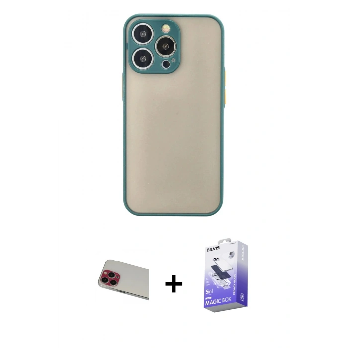 MARSİLYAN™- iPhone 13 Pro Max Kılıf Ahenk Çizgi Serisi - Siyah Bilvis 5in1 5D Magic Hayalet Cam Ekran Koruyucu + Rainbow Kamera Lens Koruma Cam - KI