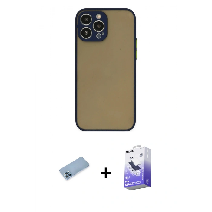 MARSİLYAN™- iPhone 13 Pro Max Kılıf Ahenk Çizgi Serisi - Siyah Bilvis 5in1 5D Magic Hayalet Cam Ekran Koruyucu + Shine Kamera Lens Koruma Cam - MI