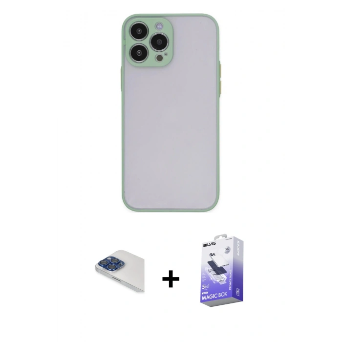 MARSİLYAN™- iPhone 13 Pro Max Kılıf Ahenk Çizgi Serisi - Siyah Bilvis 5in1 5D Magic Hayalet Cam Ekran Koruyucu + Pers Alüminyum Kamera Lens - LT
