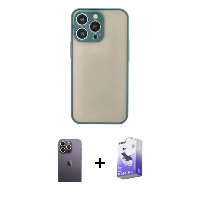 MARSİLYAN™- iPhone 13 Pro Max Kılıf Ahenk Çizgi Serisi - Siyah Bilvis 5in1 5D Magic Hayalet Cam Ekran Koruyucu + Neon Fosforlu Kamera Lens - BZ