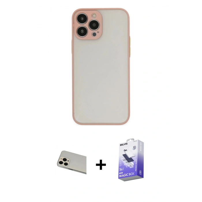 MARSİLYAN™- iPhone 13 Pro Max Kılıf Ahenk Çizgi Serisi - Siyah Bilvis 5in1 5D Magic Hayalet Cam Ekran Koruyucu + Rose Gold Rainbow Kamera Lens Koruma Cam