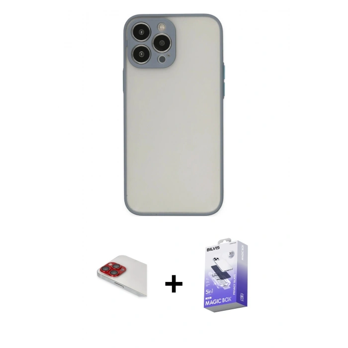 MARSİLYAN™- iPhone 13 Pro Max Kılıf Ahenk Çizgi Serisi - Siyah Bilvis 5in1 5D Magic Hayalet Cam Ekran Koruyucu + Kırmızı Pers Alüminyum Kamera Lens
