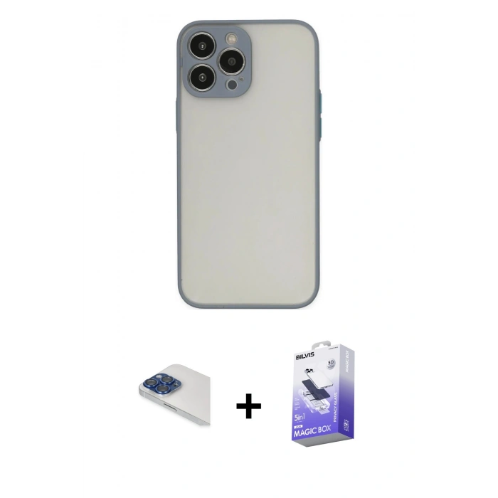 MARSİLYAN™- iPhone 13 Pro Max Kılıf Ahenk Çizgi Serisi - Siyah Bilvis 5in1 5D Magic Hayalet Cam Ekran Koruyucu + Pers Alüminyum Kamera Lens - LT
