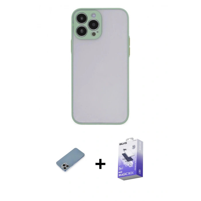 MARSİLYAN™- iPhone 13 Pro Max Kılıf Ahenk Çizgi Serisi - Siyah Bilvis 5in1 5D Magic Hayalet Cam Ekran Koruyucu + Gökkuşağı Shine Kamera Lens Koruma Cam