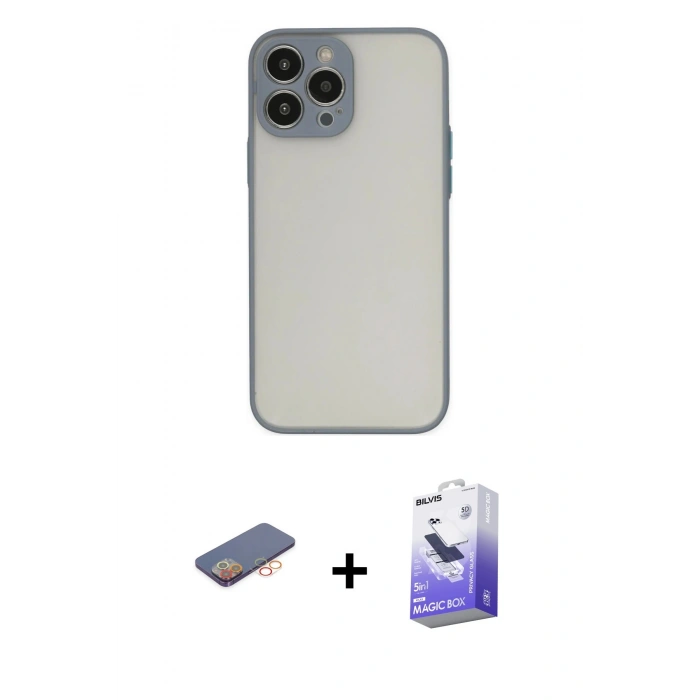 MARSİLYAN™- iPhone 13 Pro Max Kılıf Ahenk Çizgi Serisi - Siyah Bilvis 5in1 5D Magic Hayalet Cam Ekran Koruyucu + Renkli Kamera Lens Koruma Cam - TU
