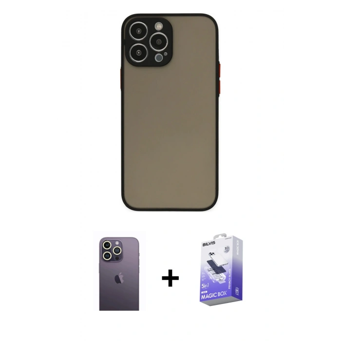 MARSİLYAN™- iPhone 13 Pro Max Kılıf Ahenk Çizgi Serisi - Siyah Bilvis 5in1 5D Magic Hayalet Cam Ekran Koruyucu + Neon Fosforlu Kamera Lens - BZ