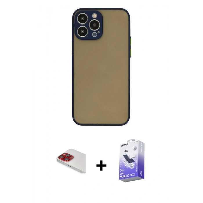 MARSİLYAN™- iPhone 13 Pro Max Kılıf Ahenk Çizgi Serisi - Siyah Bilvis 5in1 5D Magic Hayalet Cam Ekran Koruyucu + Kırmızı Pers Alüminyum Kamera Lens
