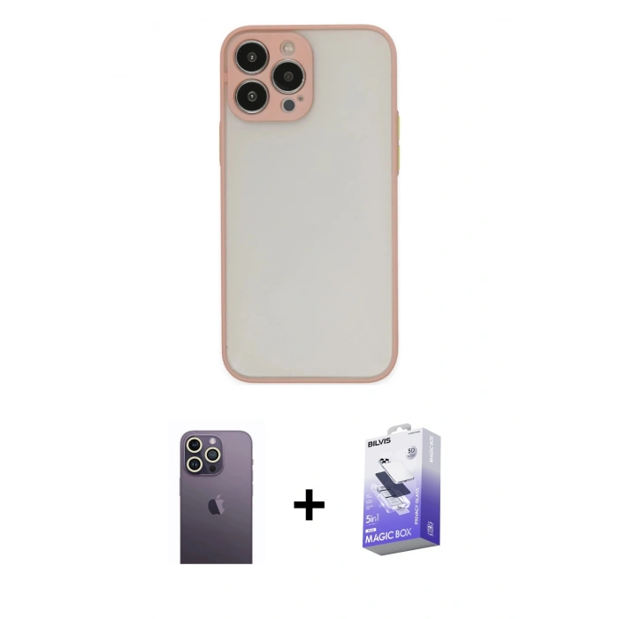 MARSİLYAN™- iPhone 13 Pro Max Kılıf Ahenk Çizgi Serisi - Siyah Bilvis 5in1 5D Magic Hayalet Cam Ekran Koruyucu + Neon Fosforlu Kamera Lens - BZ