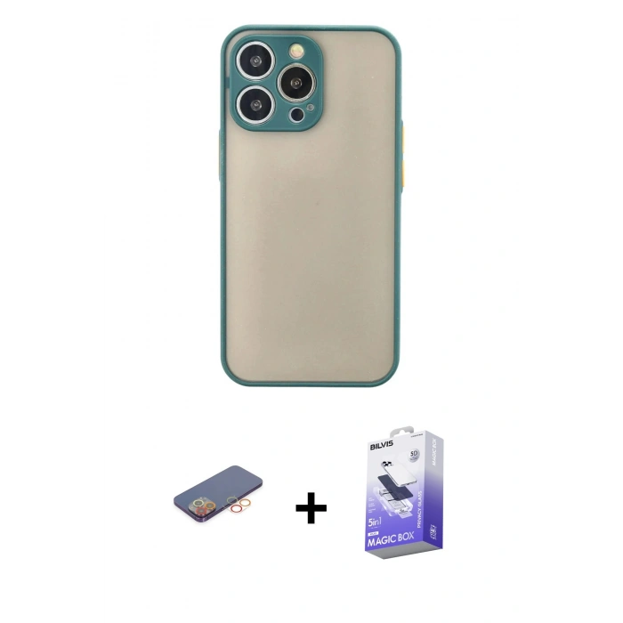 MARSİLYAN™- iPhone 13 Pro Max Kılıf Ahenk Çizgi Serisi - Siyah Bilvis 5in1 5D Magic Hayalet Cam Ekran Koruyucu + Renkli Kamera Lens Koruma Cam - TU