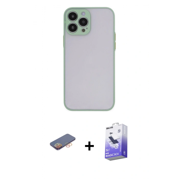 MARSİLYAN™- iPhone 13 Pro Max Kılıf Ahenk Çizgi Serisi - Siyah Bilvis 5in1 5D Magic Hayalet Cam Ekran Koruyucu + Renkli Kamera Lens Koruma Cam - TU