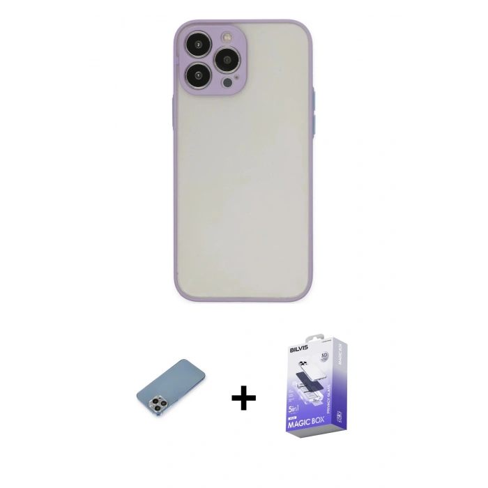 MARSİLYAN™- iPhone 13 Pro Max Kılıf Ahenk Çizgi Serisi - Siyah Bilvis 5in1 5D Magic Hayalet Cam Ekran Koruyucu + Gökkuşağı Shine Kamera Lens Koruma Cam