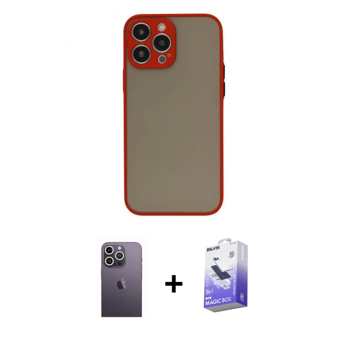 MARSİLYAN™- iPhone 13 Pro Max Kılıf Ahenk Çizgi Serisi - Siyah Bilvis 5in1 5D Magic Hayalet Cam Ekran Koruyucu + Neon Fosforlu Kamera Lens - BZ