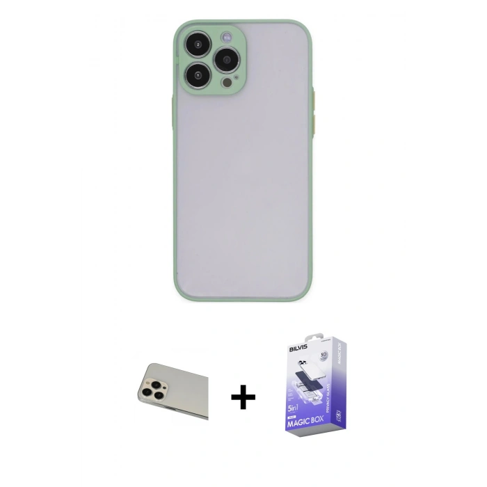 MARSİLYAN™- iPhone 13 Pro Max Kılıf Ahenk Çizgi Serisi - Siyah Bilvis 5in1 5D Magic Hayalet Cam Ekran Koruyucu + Rose Gold Rainbow Kamera Lens Koruma Cam