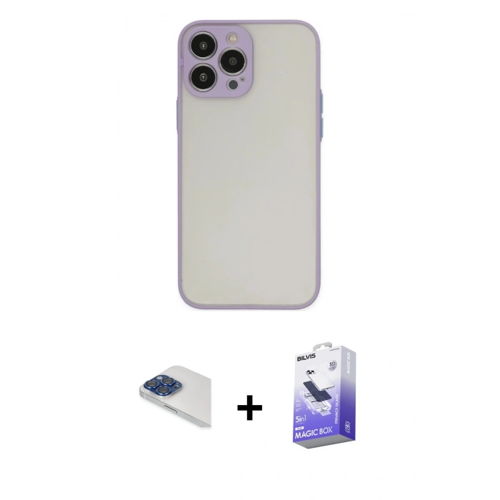 MARSİLYAN™- iPhone 13 Pro Max Kılıf Ahenk Çizgi Serisi - Siyah Bilvis 5in1 5D Magic Hayalet Cam Ekran Koruyucu + Pers Alüminyum Kamera Lens - LT