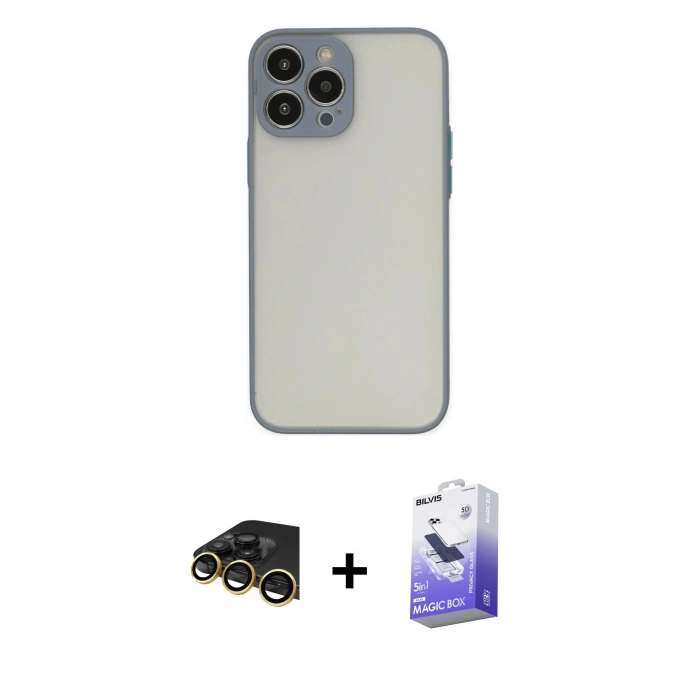 MARSİLYAN™- iPhone 13 Pro Max Kılıf Ahenk Çizgi Serisi - Siyah Bilvis 5in1 5D Magic Hayalet Cam Ekran Koruyucu + Raze Metal Kamera Lens - GD