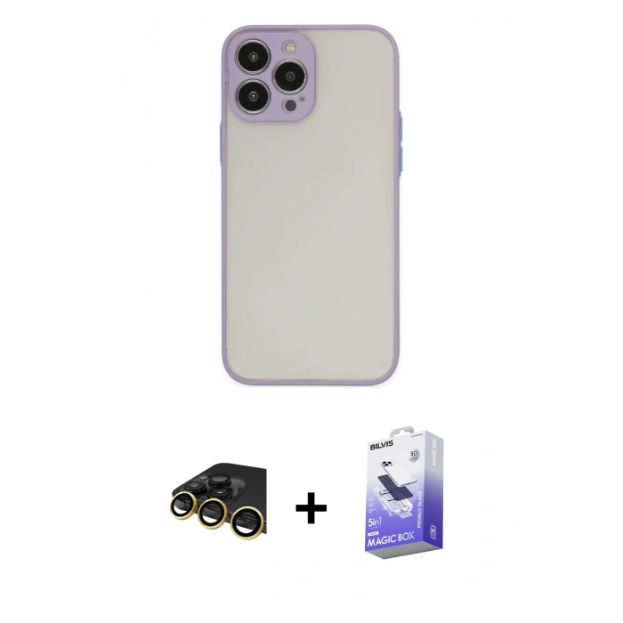MARSİLYAN™- iPhone 13 Pro Max Kılıf Ahenk Çizgi Serisi - Siyah Bilvis 5in1 5D Magic Hayalet Cam Ekran Koruyucu + Raze Metal Kamera Lens - GD