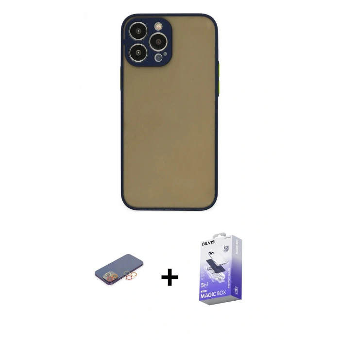 MARSİLYAN™- iPhone 13 Pro Max Kılıf Ahenk Çizgi Serisi - Siyah Bilvis 5in1 5D Magic Hayalet Cam Ekran Koruyucu + Renkli Kamera Lens Koruma Cam - TU