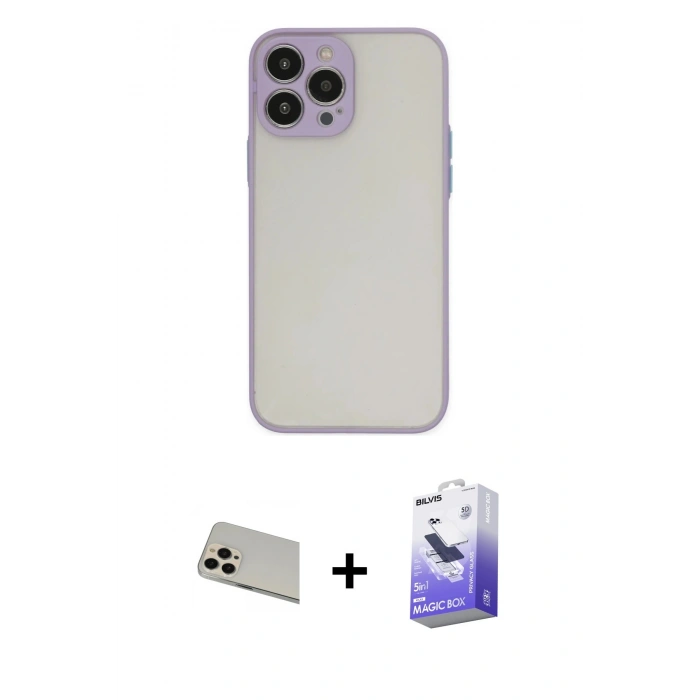 MARSİLYAN™- iPhone 13 Pro Max Kılıf Ahenk Çizgi Serisi - Siyah Bilvis 5in1 5D Magic Hayalet Cam Ekran Koruyucu + Rose Gold Rainbow Kamera Lens Koruma Cam