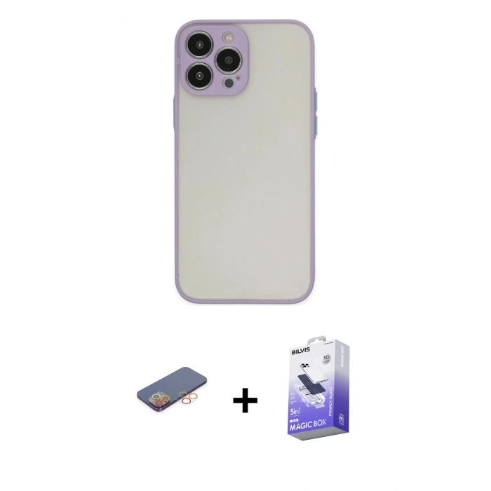 MARSİLYAN™- iPhone 13 Pro Max Kılıf Ahenk Çizgi Serisi - Siyah Bilvis 5in1 5D Magic Hayalet Cam Ekran Koruyucu + Renkli Kamera Lens Koruma Cam - TU