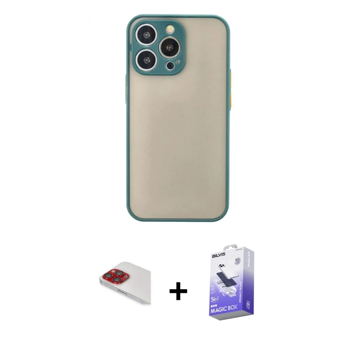 MARSİLYAN™- iPhone 13 Pro Max Kılıf Ahenk Çizgi Serisi - Siyah Bilvis 5in1 5D Magic Hayalet Cam Ekran Koruyucu + Kırmızı Pers Alüminyum Kamera Lens