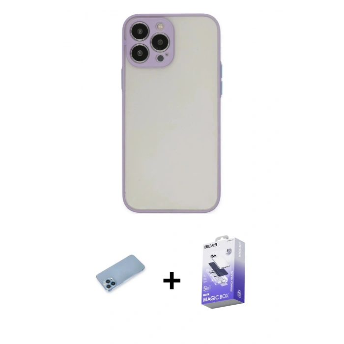 MARSİLYAN™- iPhone 13 Pro Max Kılıf Ahenk Çizgi Serisi - Siyah Bilvis 5in1 5D Magic Hayalet Cam Ekran Koruyucu + Shine Kamera Lens Koruma Cam - MI