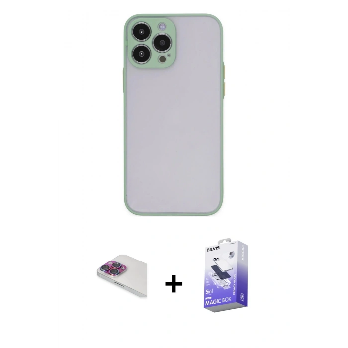 MARSİLYAN™- iPhone 13 Pro Max Kılıf Ahenk Çizgi Serisi - Siyah Bilvis 5in1 5D Magic Hayalet Cam Ekran Koruyucu + Pers Alüminyum Kamera Lens - GI
