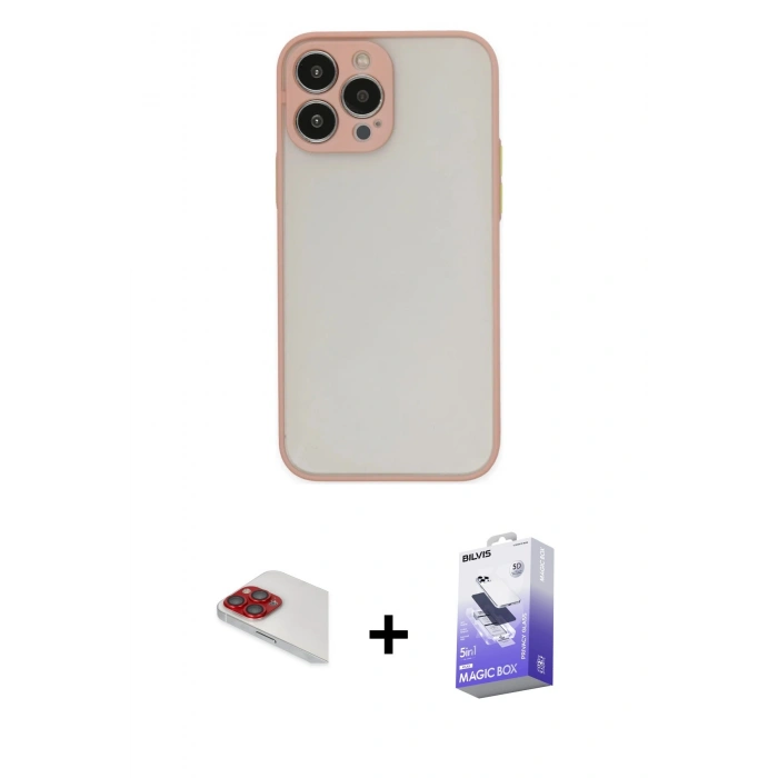 MARSİLYAN™- iPhone 13 Pro Max Kılıf Ahenk Çizgi Serisi - Siyah Bilvis 5in1 5D Magic Hayalet Cam Ekran Koruyucu + Kırmızı Pers Alüminyum Kamera Lens