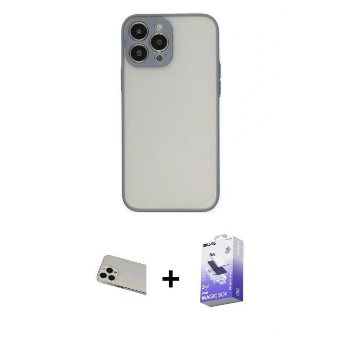 MARSİLYAN™- iPhone 13 Pro Max Kılıf Ahenk Çizgi Serisi - Siyah Bilvis 5in1 5D Magic Hayalet Cam Ekran Koruyucu + Rose Gold Rainbow Kamera Lens Koruma Cam