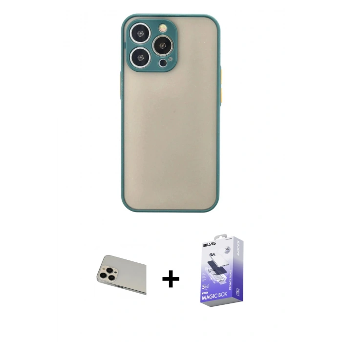 MARSİLYAN™- iPhone 13 Pro Max Kılıf Ahenk Çizgi Serisi - Siyah Bilvis 5in1 5D Magic Hayalet Cam Ekran Koruyucu + Rose Gold Rainbow Kamera Lens Koruma Cam