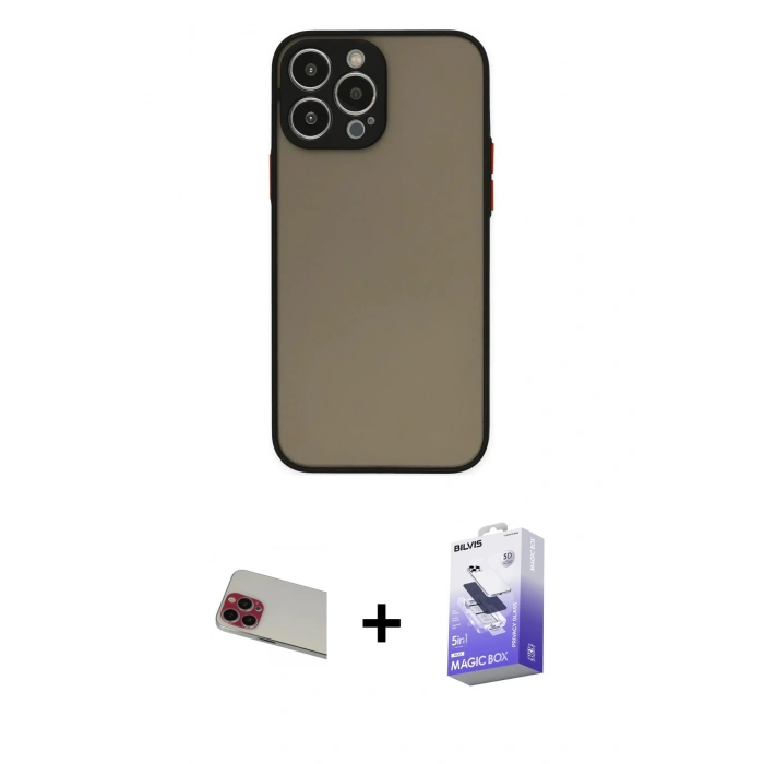 MARSİLYAN™- iPhone 13 Pro Max Kılıf Ahenk Çizgi Serisi - Siyah Bilvis 5in1 5D Magic Hayalet Cam Ekran Koruyucu + Rainbow Kamera Lens Koruma Cam - KI