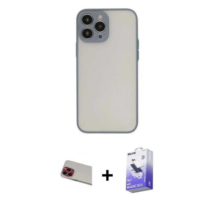 MARSİLYAN™- iPhone 13 Pro Max Kılıf Ahenk Çizgi Serisi - Siyah Bilvis 5in1 5D Magic Hayalet Cam Ekran Koruyucu + Rainbow Kamera Lens Koruma Cam - KI