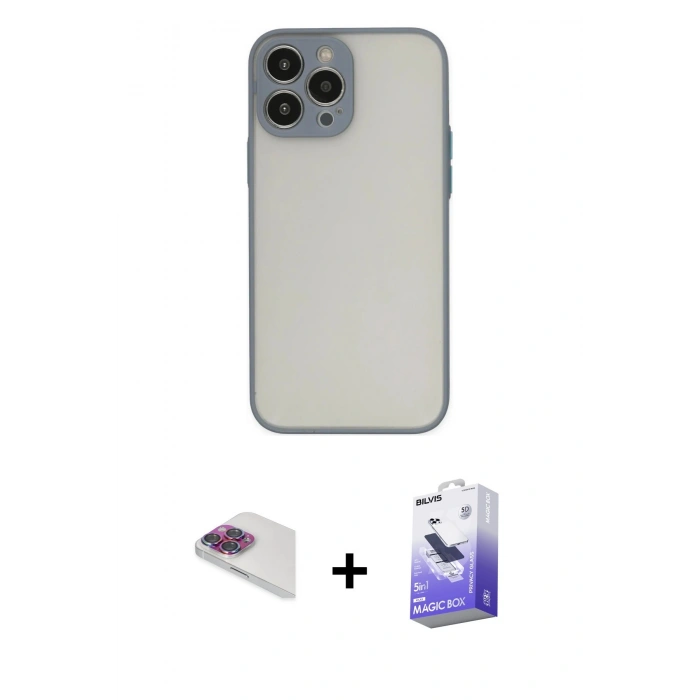MARSİLYAN™- iPhone 13 Pro Max Kılıf Ahenk Çizgi Serisi - Siyah Bilvis 5in1 5D Magic Hayalet Cam Ekran Koruyucu + Pers Alüminyum Kamera Lens - GI