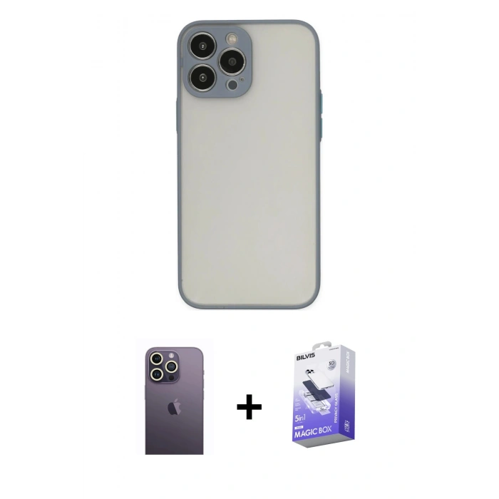 MARSİLYAN™- iPhone 13 Pro Max Kılıf Ahenk Çizgi Serisi - Siyah Bilvis 5in1 5D Magic Hayalet Cam Ekran Koruyucu + Neon Fosforlu Kamera Lens - BZ