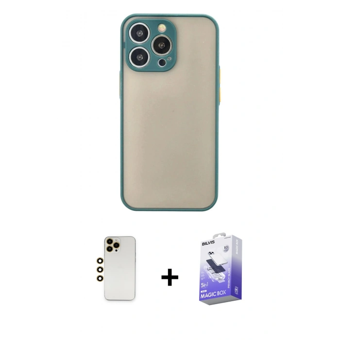 MARSİLYAN™- iPhone 13 Pro Max Kılıf Ahenk Çizgi Serisi - Siyah Bilvis 5in1 5D Magic Hayalet Cam Ekran Koruyucu + Shine Kamera Lens - GD