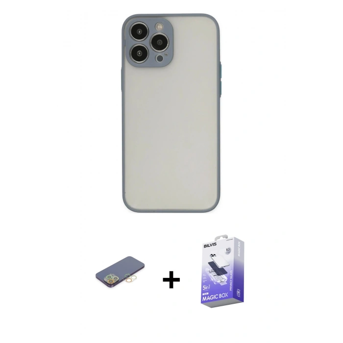 MARSİLYAN™- iPhone 13 Pro Max Kılıf Ahenk Çizgi Serisi - Siyah Bilvis 5in1 5D Magic Hayalet Cam Ekran Koruyucu + Renkli Kamera Lens Koruma Cam - SI