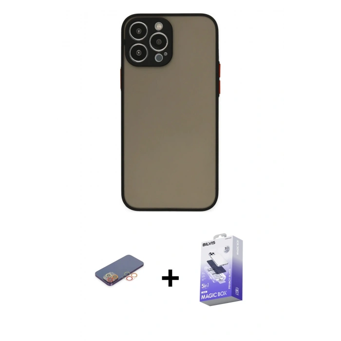 MARSİLYAN™- iPhone 13 Pro Max Kılıf Ahenk Çizgi Serisi - Siyah Bilvis 5in1 5D Magic Hayalet Cam Ekran Koruyucu + Renkli Kamera Lens Koruma Cam - TU