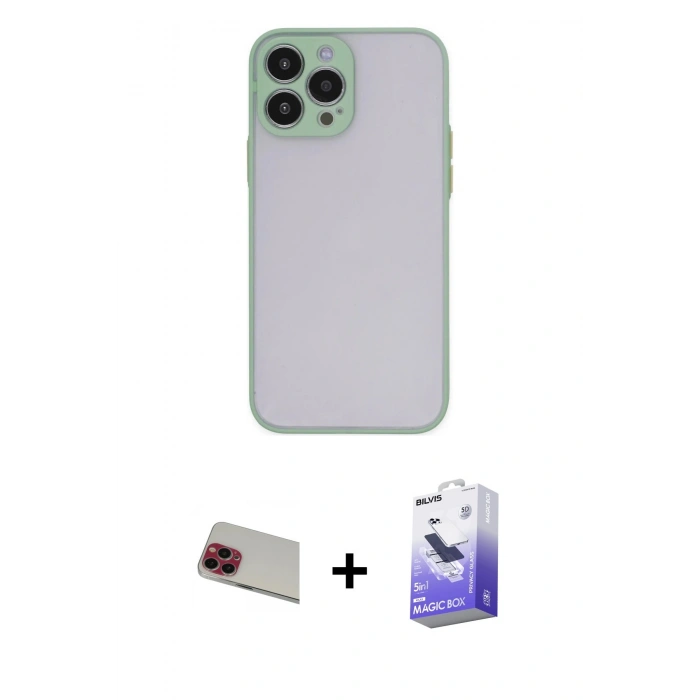 MARSİLYAN™- iPhone 13 Pro Max Kılıf Ahenk Çizgi Serisi - Siyah Bilvis 5in1 5D Magic Hayalet Cam Ekran Koruyucu + Rainbow Kamera Lens Koruma Cam - KI