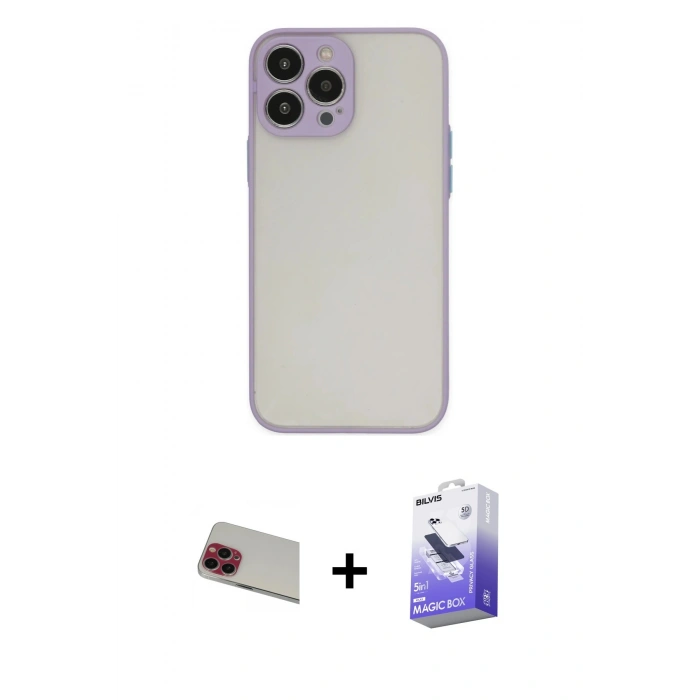 MARSİLYAN™- iPhone 13 Pro Max Kılıf Ahenk Çizgi Serisi - Siyah Bilvis 5in1 5D Magic Hayalet Cam Ekran Koruyucu + Rainbow Kamera Lens Koruma Cam - KI