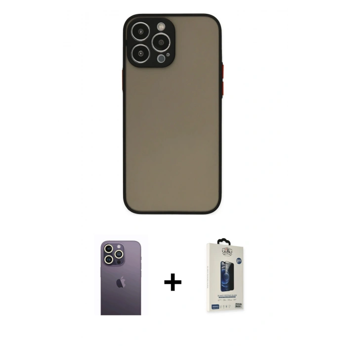 MARSİLYAN™- iPhone 13 Pro Max Kılıf Ahenk Çizgi Serisi - Siyah Bilvis Hayalet Cam Ekran Koruyucu + Neon Fosforlu Kamera Lens - BZ