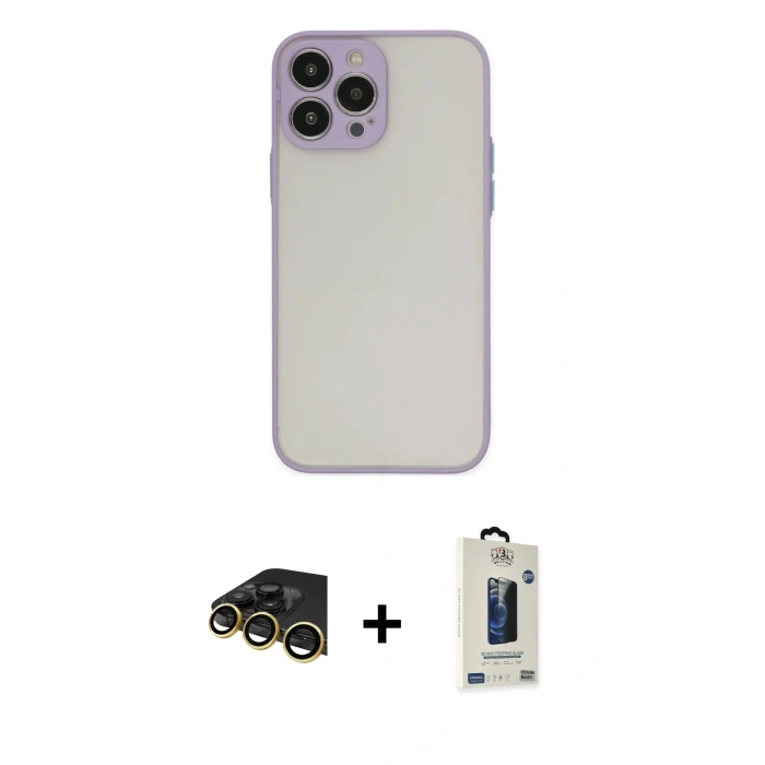 MARSİLYAN™- iPhone 13 Pro Max Kılıf Ahenk Çizgi Serisi - Siyah Bilvis Hayalet Cam Ekran Koruyucu + Raze Metal Kamera Lens - GD