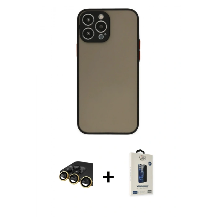 MARSİLYAN™- iPhone 13 Pro Max Kılıf Ahenk Çizgi Serisi - Siyah Bilvis Hayalet Cam Ekran Koruyucu + Raze Metal Kamera Lens - GD