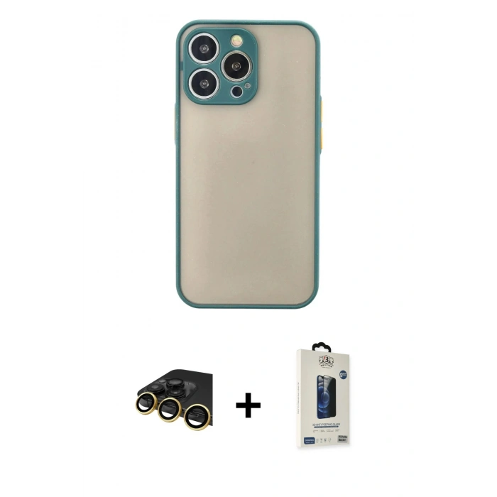 MARSİLYAN™- iPhone 13 Pro Max Kılıf Ahenk Çizgi Serisi - Siyah Bilvis Hayalet Cam Ekran Koruyucu + Raze Metal Kamera Lens - GD